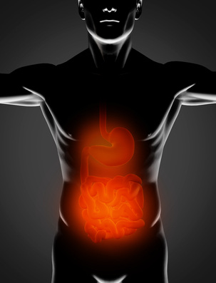 Murky man with red abdominal and cramped intestine highlighted on shadowy background